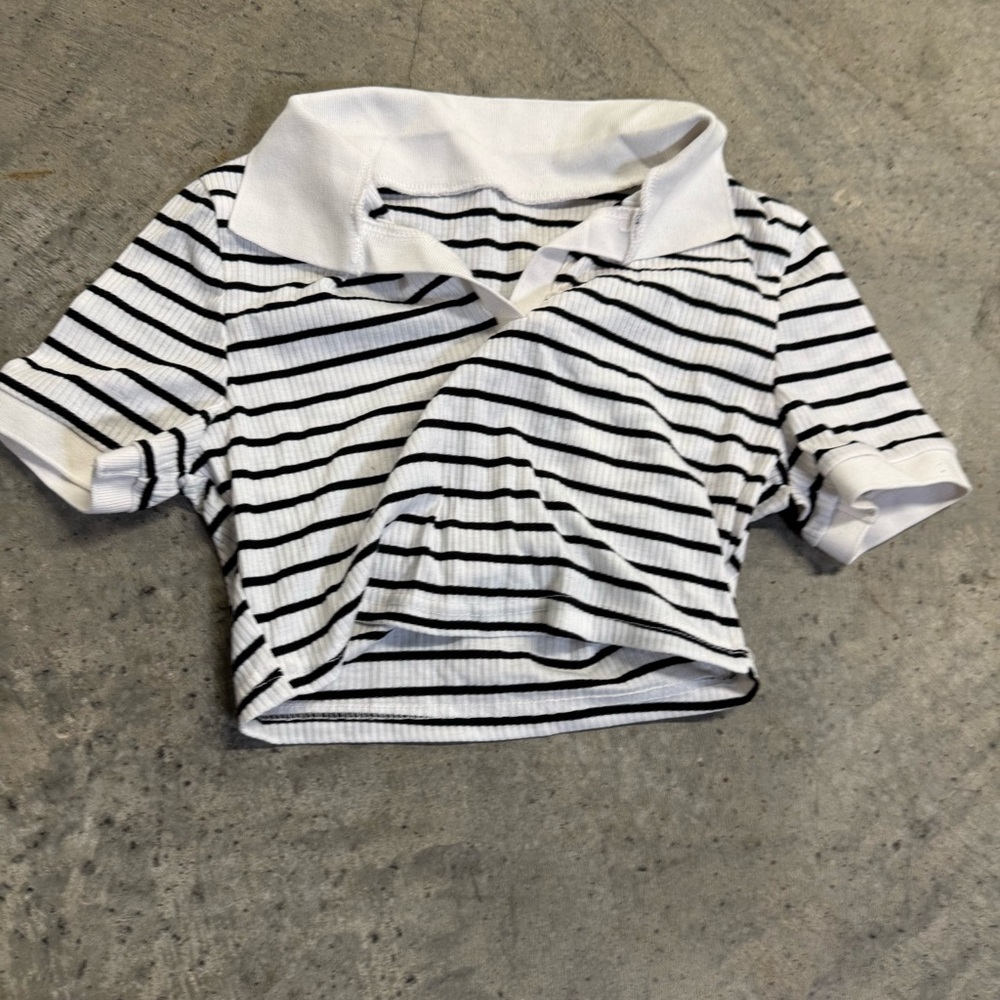 Striped Black White Cropped Short Sleeve Polo Shirt Size Petite S Golf Preppy